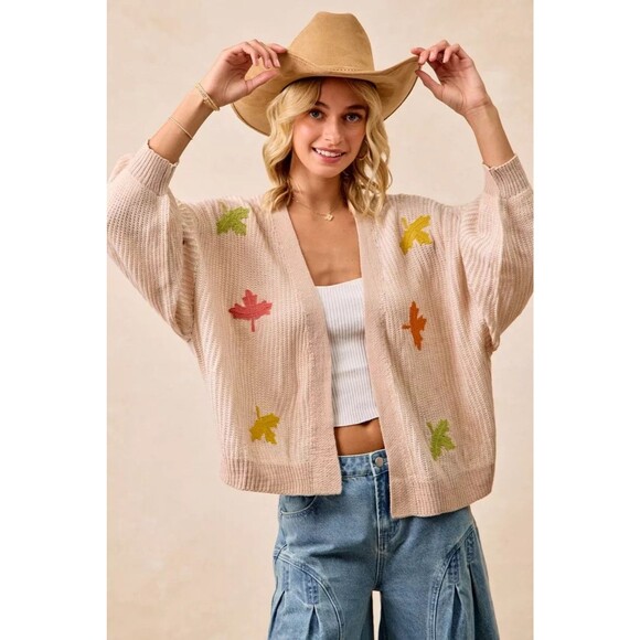 BiBi Two Tone Knit Cardigan with Leaf Appliqués - Picture 10 of 11